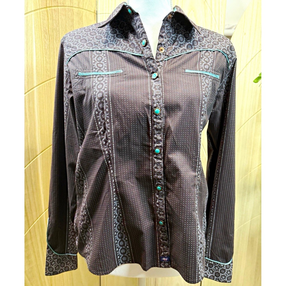 Cruel Girl Womens M Western Shirt Brown Turquoise Pearl Snap Floral Yoke Long Sl